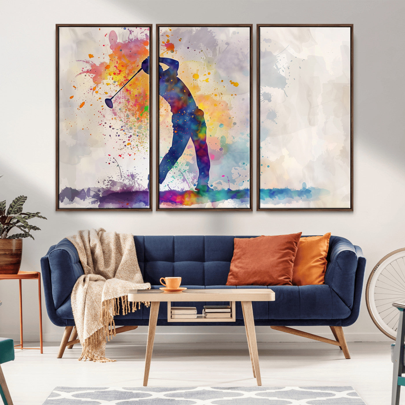 MGV-FC-48X32-3P - Watercolor Golf Swing Wall Art Canvas Print | Vibrant Abstract Golf Player Silhouette |