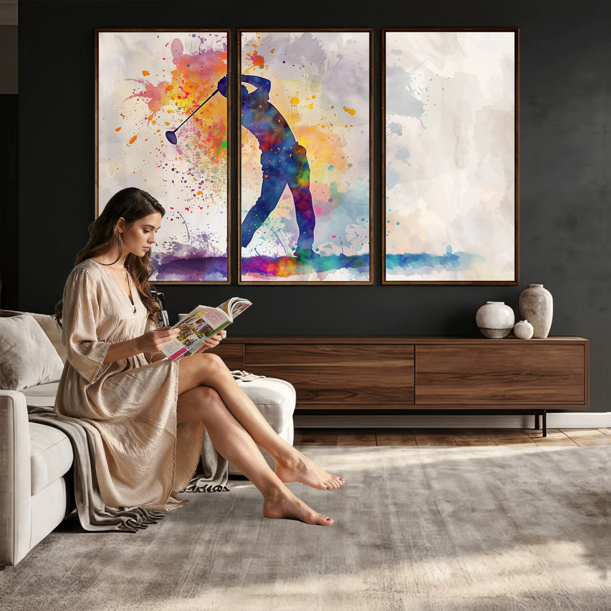 89625-MGV-CV-36X24 - Vibrant Watercolor Golf Swing Wall Art Canvas Print | Extra Large 3 Piece Canvas Wall Art