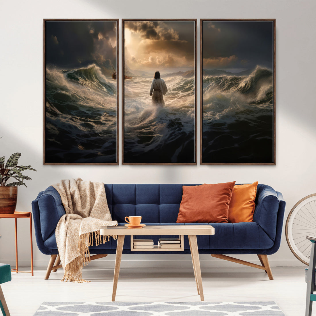 Jesus Walking on Water Wall Art Canvas Print, Religious Decor | Extra Large 3 Piece Canvas Wall Art