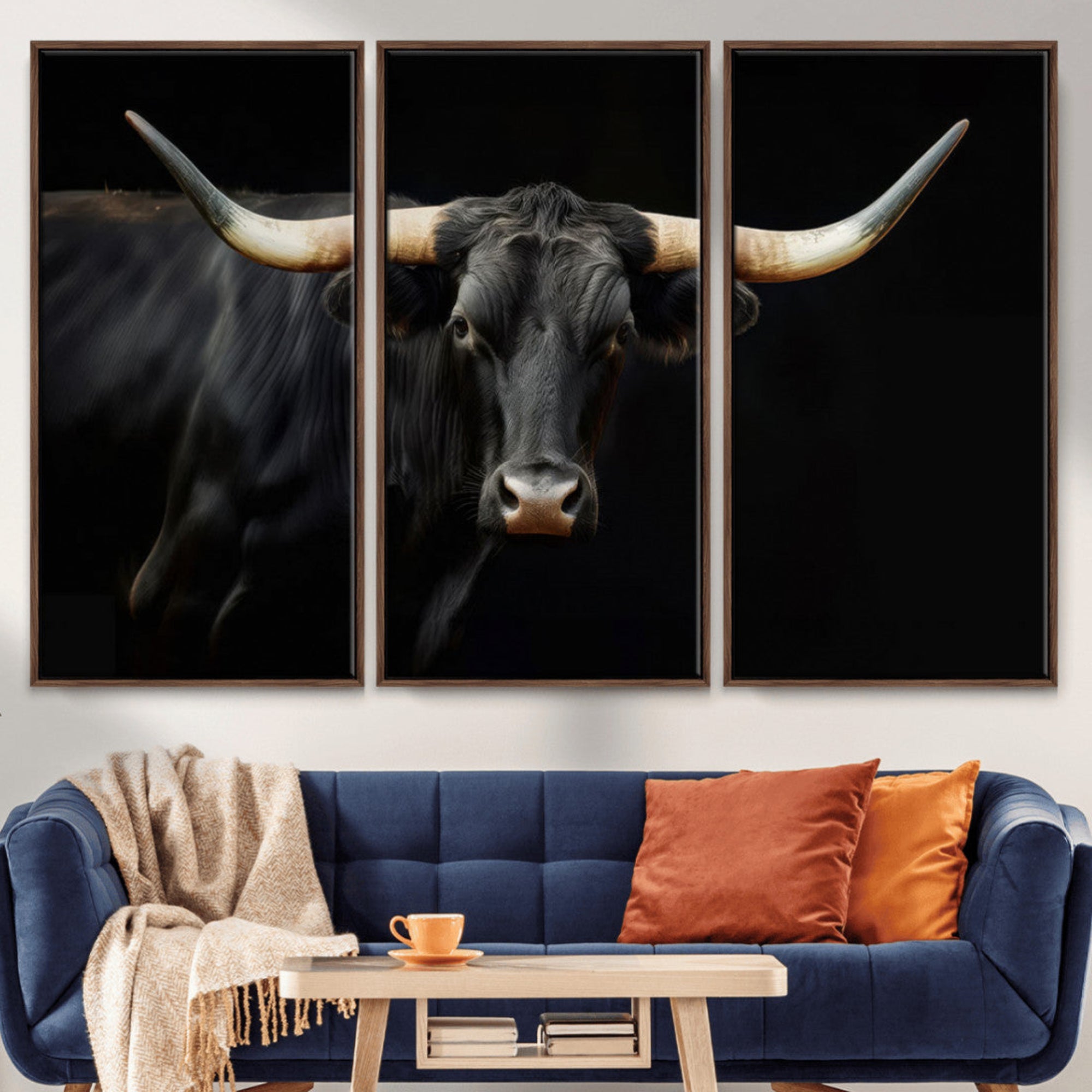 63798-MGV-CV-36X24-Black Bull Wall Art – Majestic Longhorn Canvas Print with Dark Background, Rustic Western Farmhouse Decor for Living Room or Office