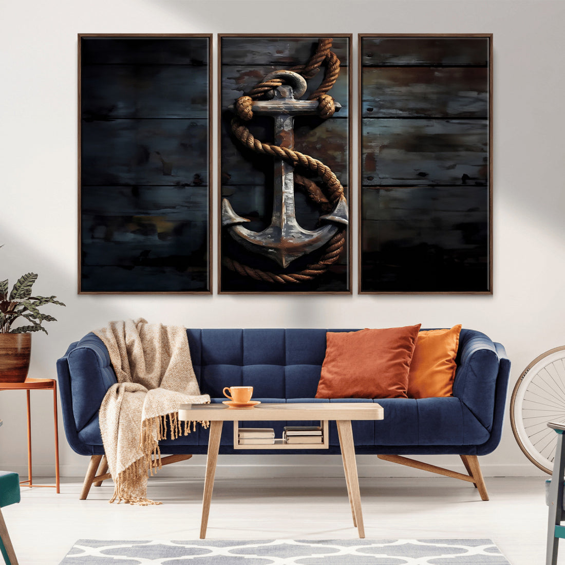 3 Panel Grunge Abstract Anchor Wall Art Canvas Print Set