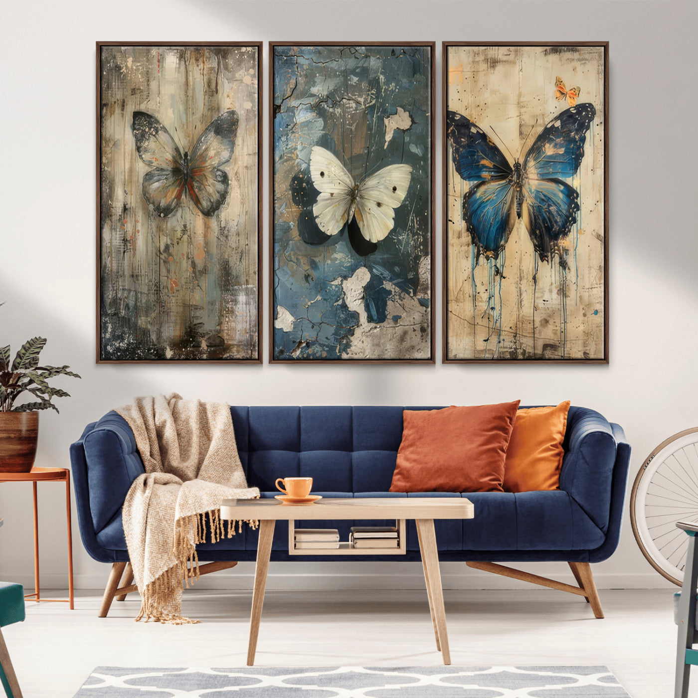 MGV-FC-48X32-3P - Butterfly Wall Art Trio | Vintage Butterfly Canvas Print | Ready to Hang Framed Artwork for