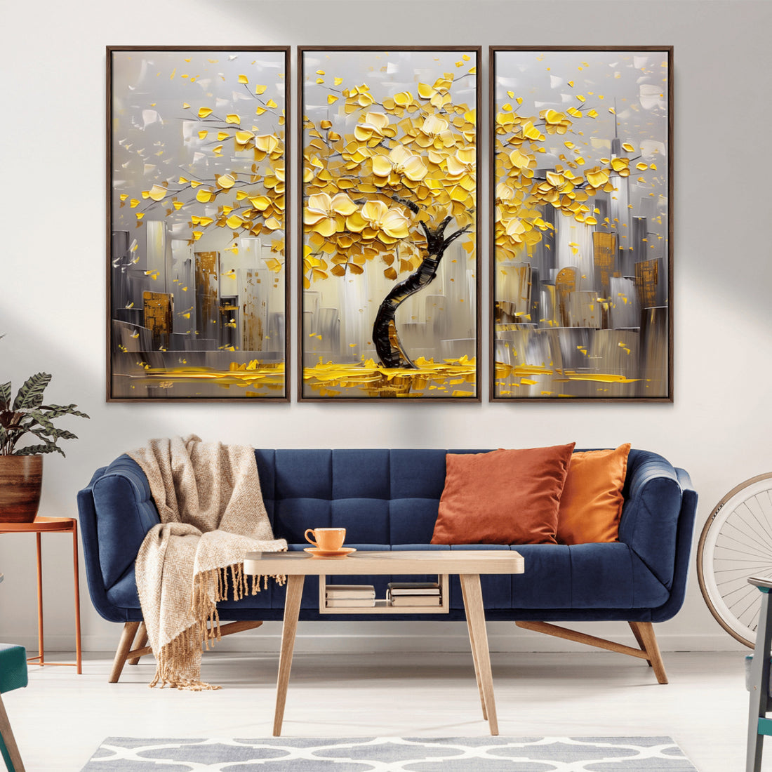 Golden Tree Canvas Print, Abstract Wall Art for Modern Homes | Extra Large 3 Piece Canvas Wall Art