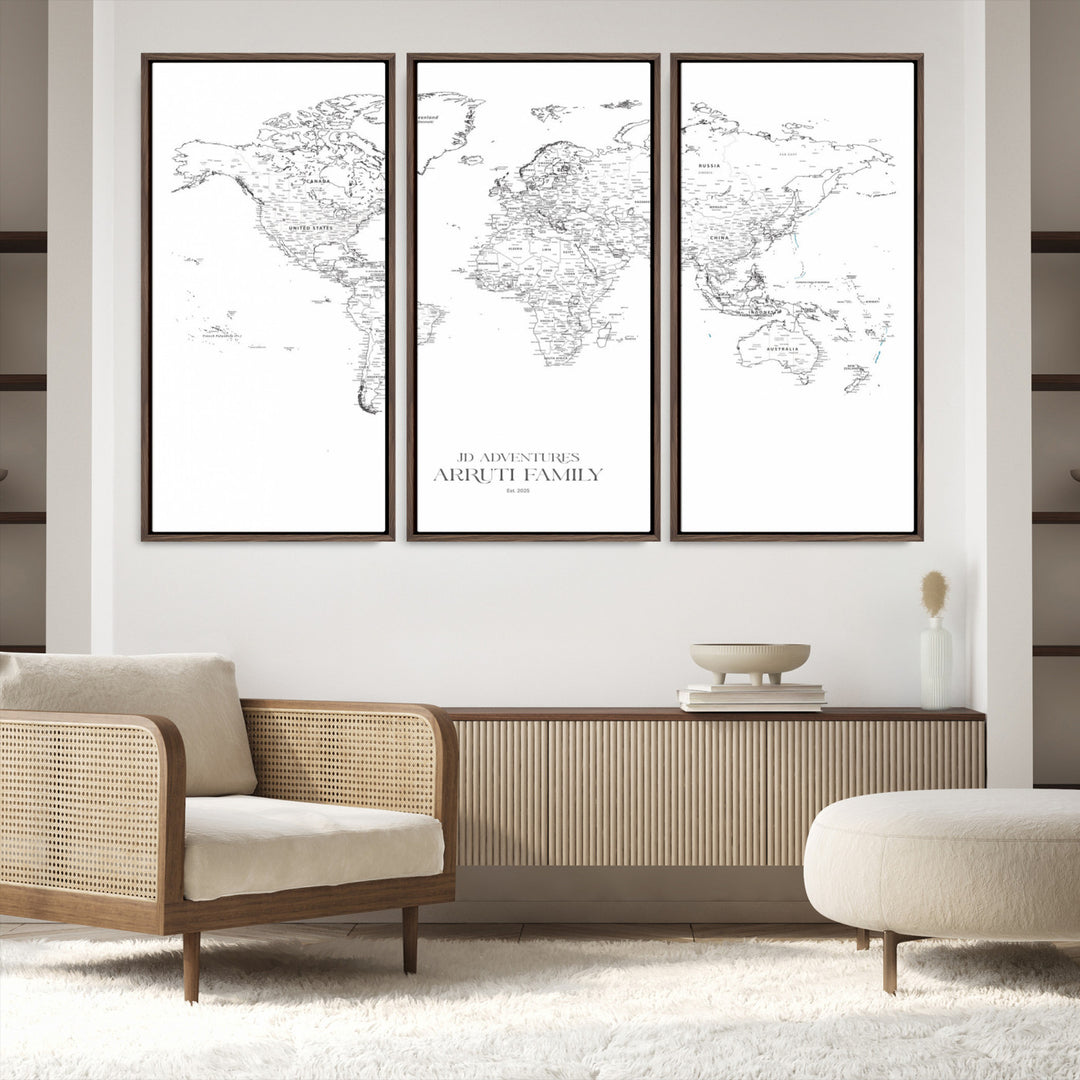 Personalized World Map Wall Art Canvas Print - Custom Push Pin Travel Map Canvas - Framed Map Print for Travel Lover Gift