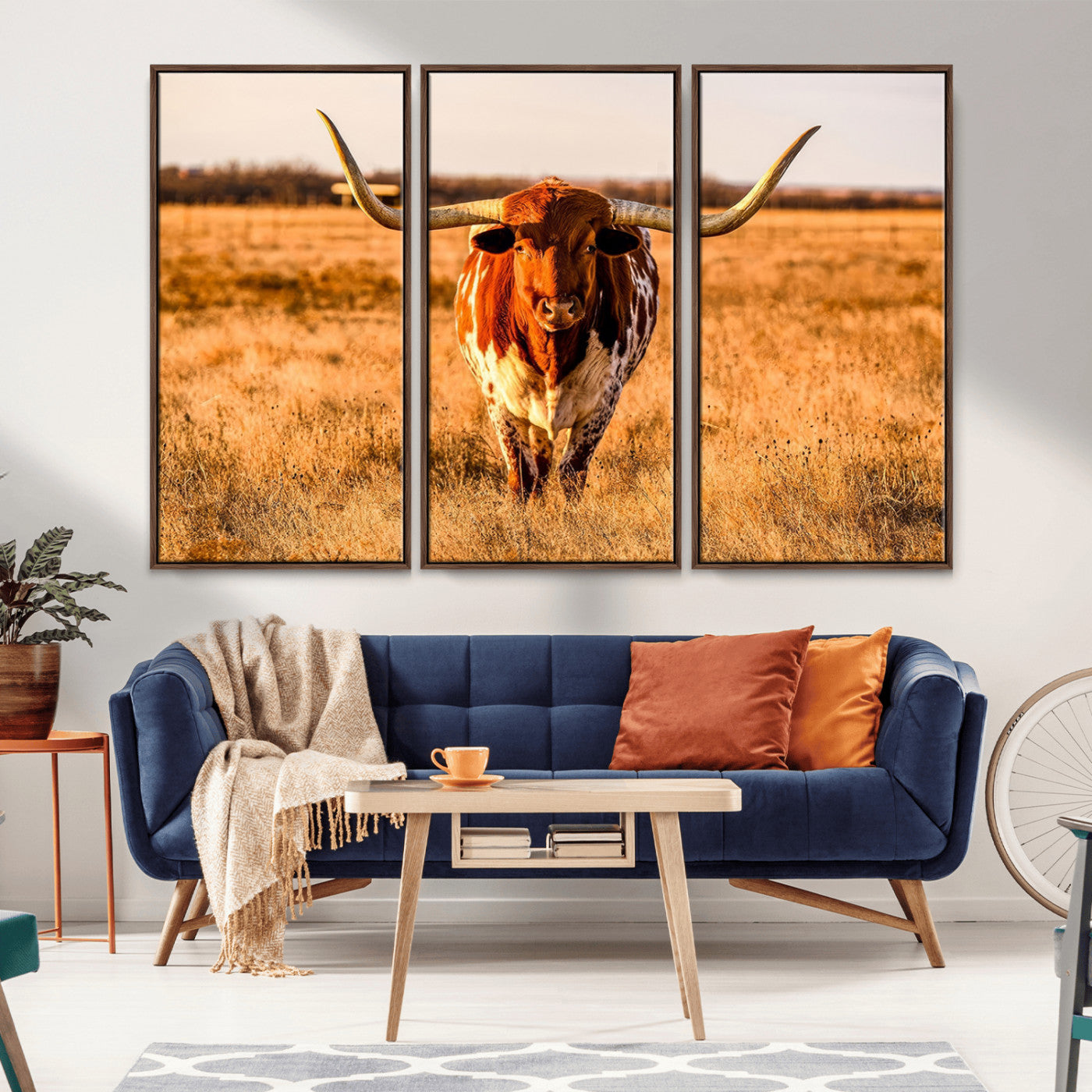 MGV-FC-48X32-3P - Longhorn Cow Wall Art | Ready to Hang Framed Canvas Print for Farmhouse and Barn Decor