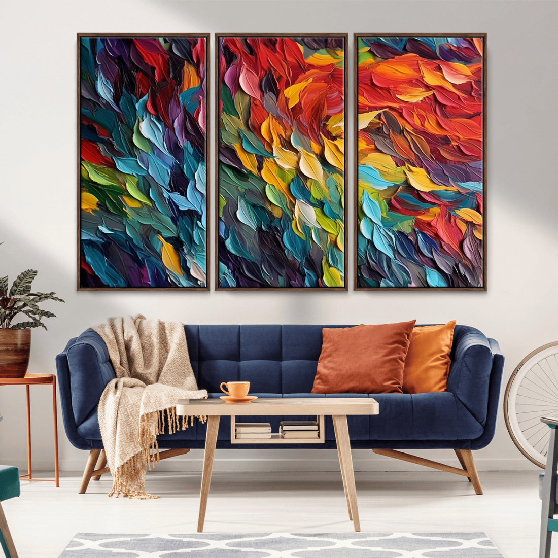 Vibrant Abstract Leaf Wall Art Canvas Print, Bold Colorful Decor | Extra Large 3 Piece Canvas Wall Art