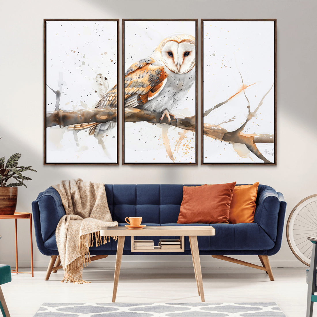 Barn Owl Wall Art on Branch, Canvas Print for Nature Lovers | Extra Large 3 Piece Canvas Wall Art