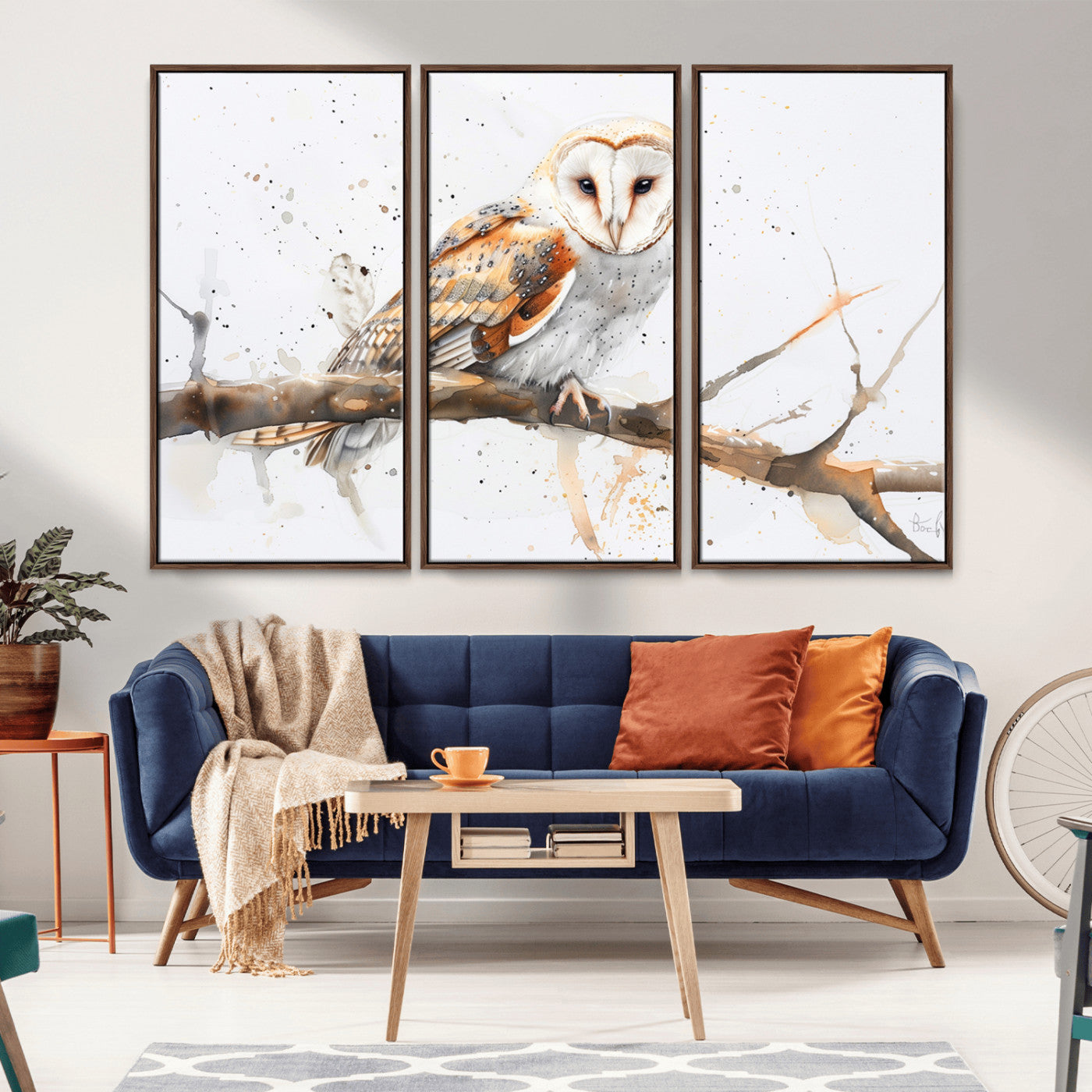 MGV-FC-48X32-3P - Barn Owl Wall Art on Branch | Stunning Canvas Print for Nature Lovers | Ready to Hang and Framed