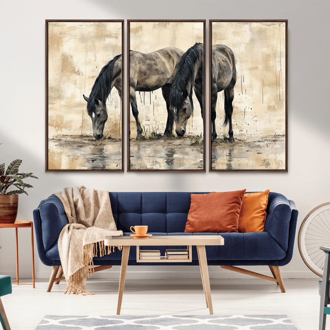 Chinese Style Abstract Black Horses Wall Art Canvas Print