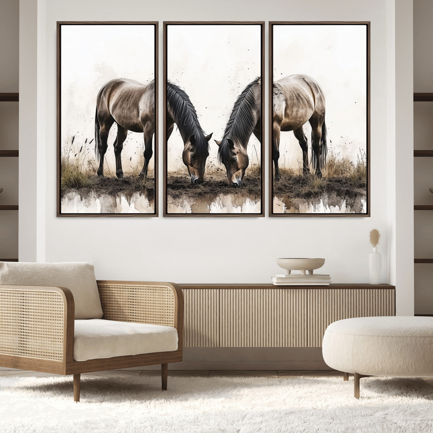 71729-MGV-FC-60X40-3P_Walnut-Chines Ink Style Horses Wall Art Canvas Print