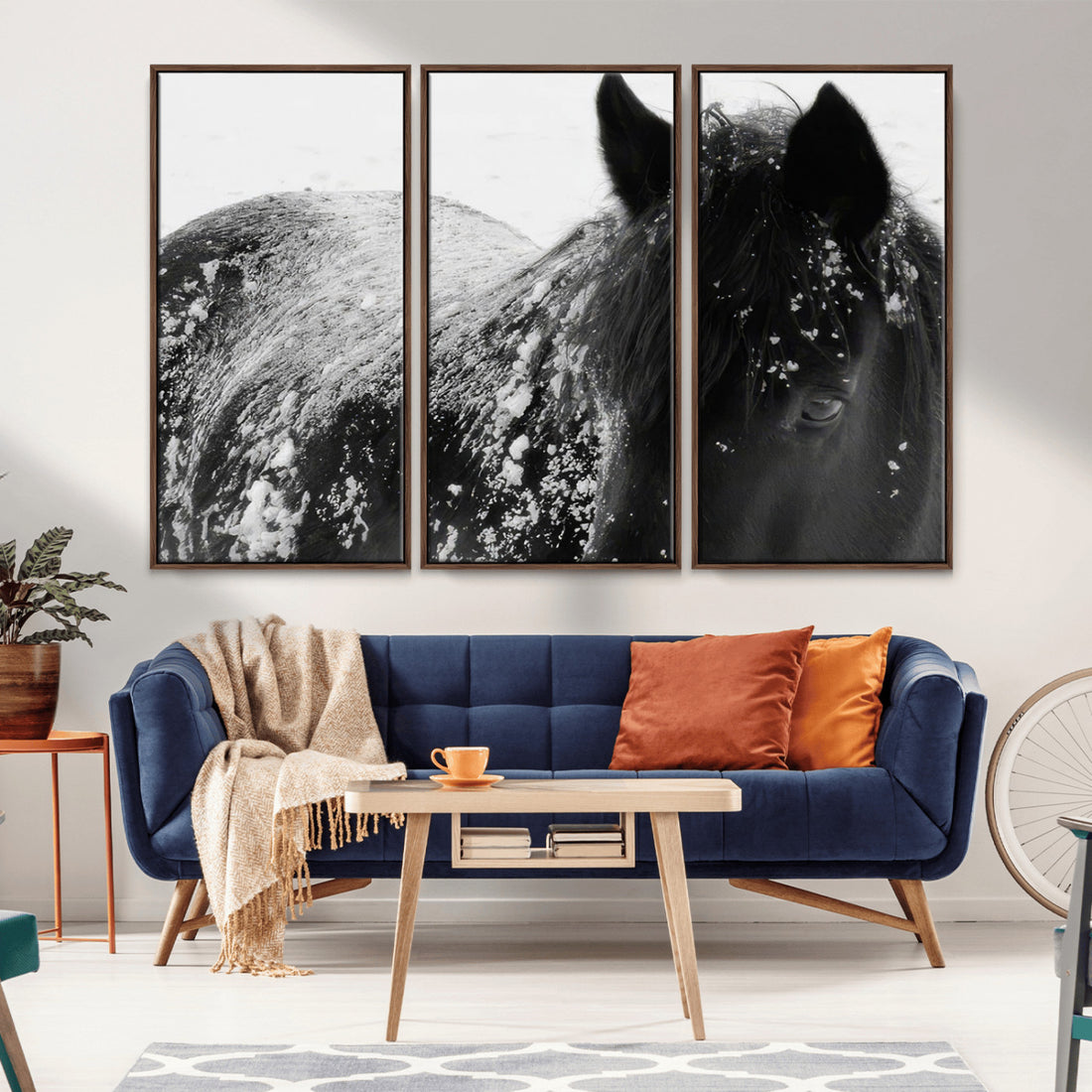 Black Horse in Snow Canvas Print, Winter Horse Wall Art
