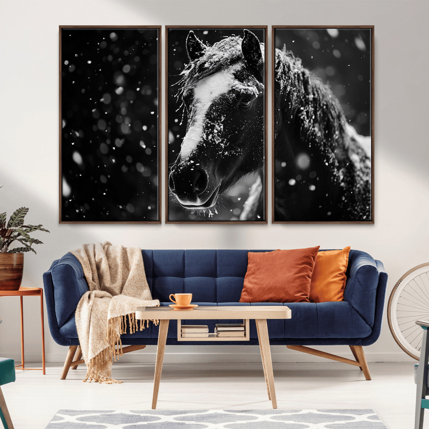 MGV-FC-48X32-3P - Winter Horse Wall Art | Black and White Horse Print | Ready to Hang and Framed | Farmhouse Wall Art