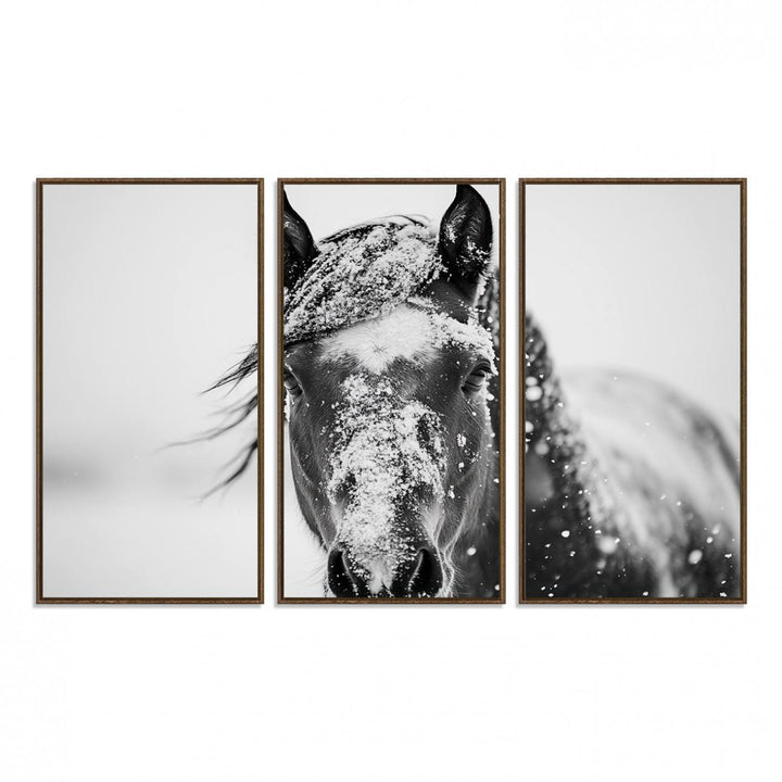 This black and white winter horse wall art enhances any decor; it is ready to hang and framed for a farmhouse or Western style.