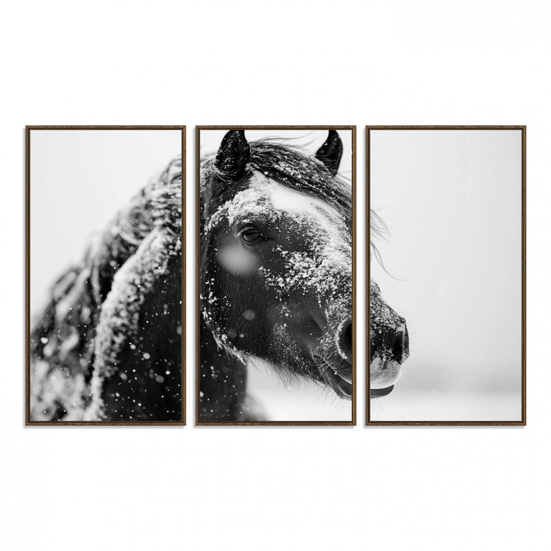 A large 3-panel rustic farmhouse wall art showcases a black and white winter horse canvas print against a snowy backdrop.