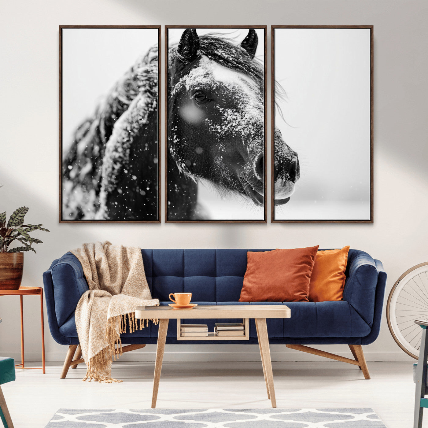 MGV-FC-48X32-3P - Winter Horse Canvas Print | Large 3-Panel Black White Equine Photography for Rustic Farmhouse Wall
