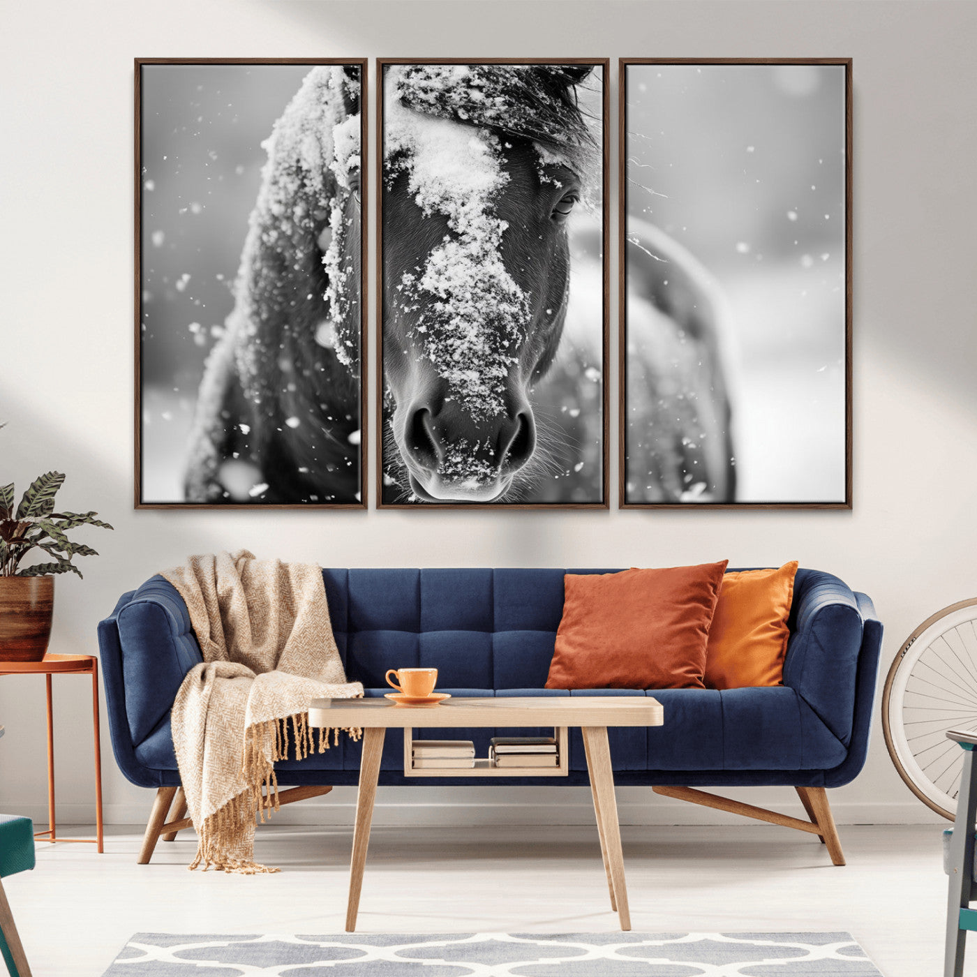 MGV-FC-48X32-3P - Black and White Horse Winter Wall Art | Ready to Hang and Framed | Farmhouse Wall Decor | Western