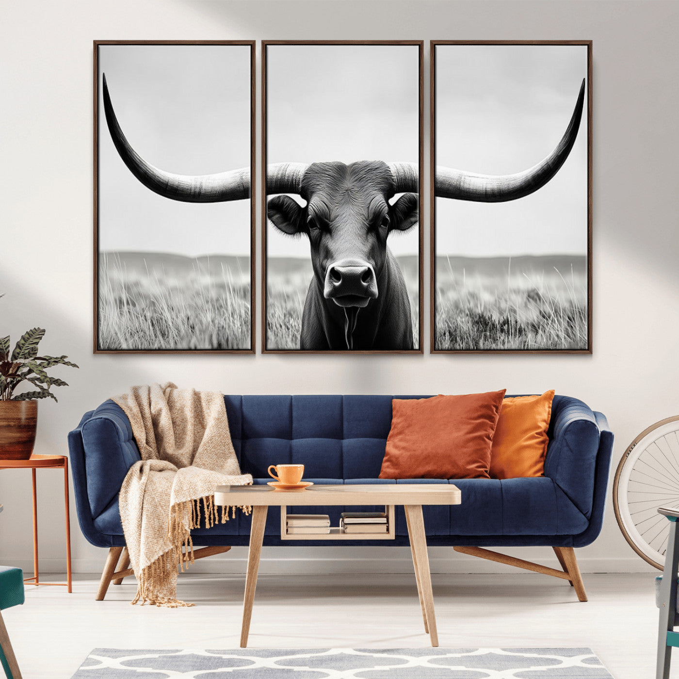 -Longhorn Bull Canvas Print | Rustic Farmhouse Wall Art | Western Decor | Ready to Hang and Framed