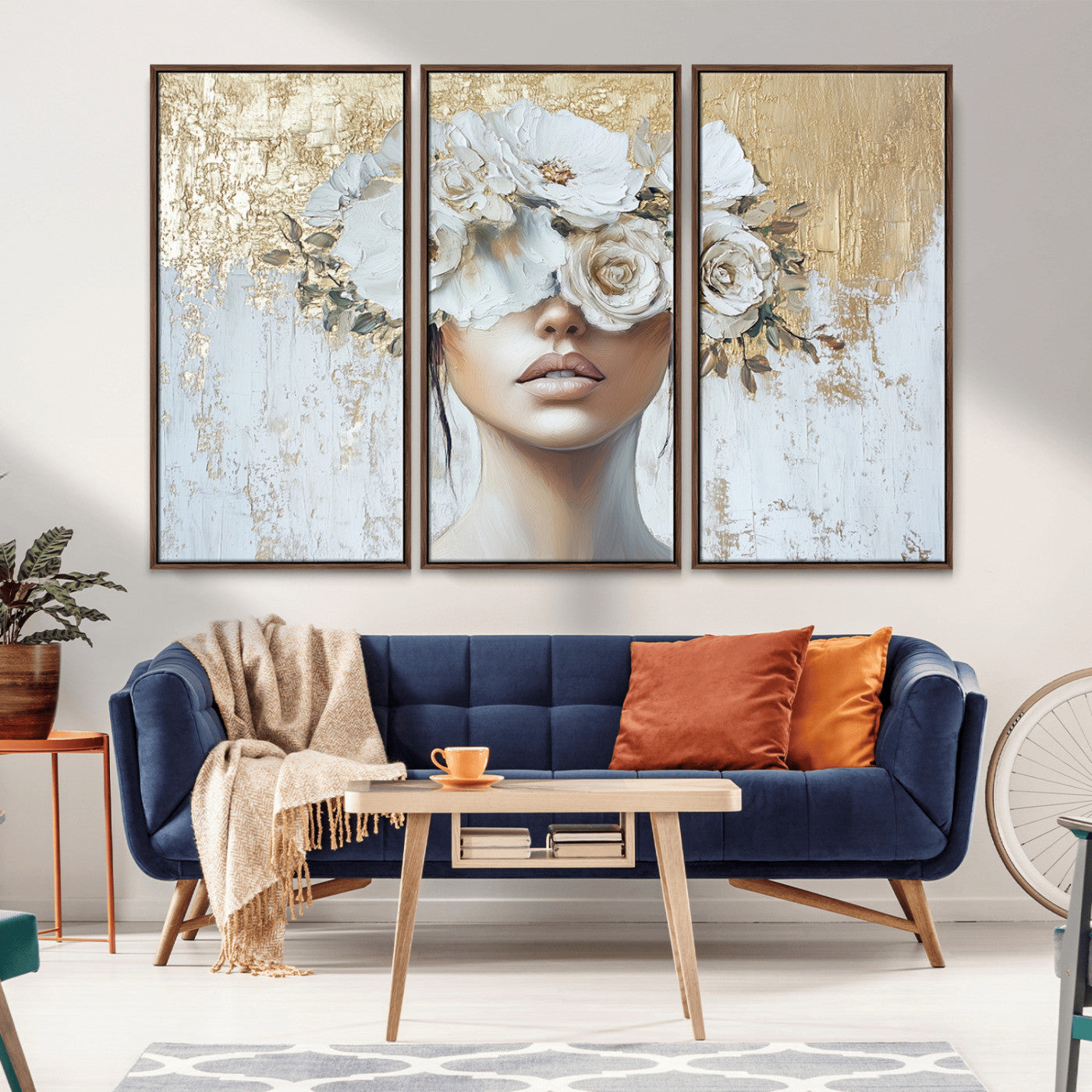 MGV-FC-48X32-3P - Golden Petal Wall Art - Canvas Print Flower Head Woman Painting Floral Woman Portrait Wall Decor,
