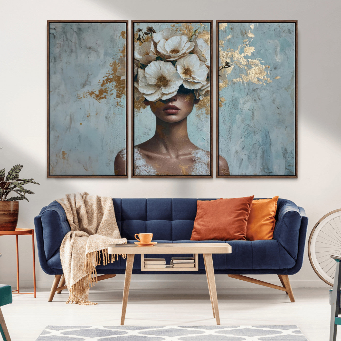 MGV-FC-48X32-3P - Golden Petal Wall Art - Petal Silhouette Woman Wall Art Canvas Print | Large 3-Panel Canvas with