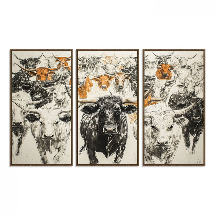 Texas Longhorn Wall Art canvas features cattle artwork with an abstract design, perfect for farmhouse decor on a porch.