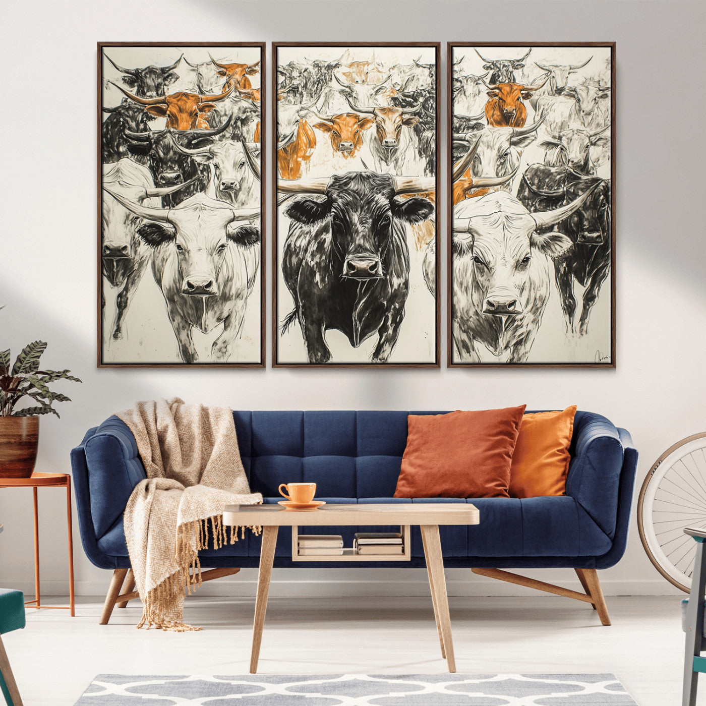 MGV-FC-48X32-3P - Farmhouse Wall Art | Western Longhorn Cattle Canvas Print | Ready to Hang and Framed Barn Decor