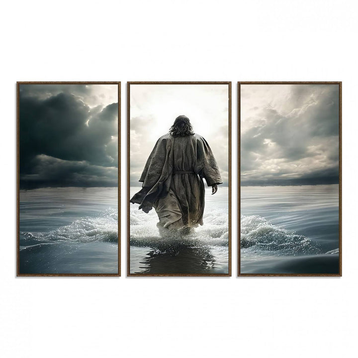 A canvas wall art depicting a figure walking on water beneath dramatic clouds, designed as inspirational religious imagery and ready to hang.