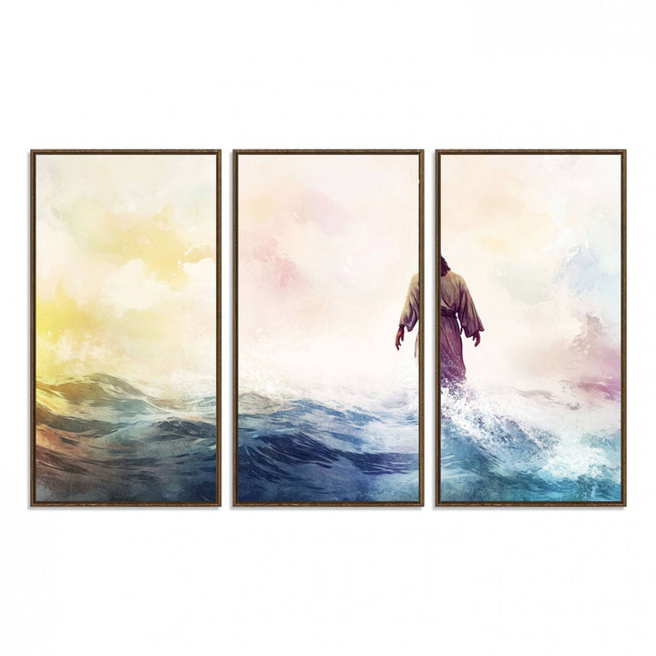 A robed figure strides on water in gentle waves, evoking the Watercolor Jesus Walking on Water canvas art.