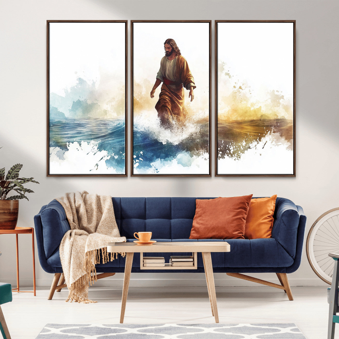 MGV-FC-48X32-3P - Watercolor Jesus Walking Wall Art Print, Jesus Water Canvas Print, Christian Wall Art, Jesus Christ