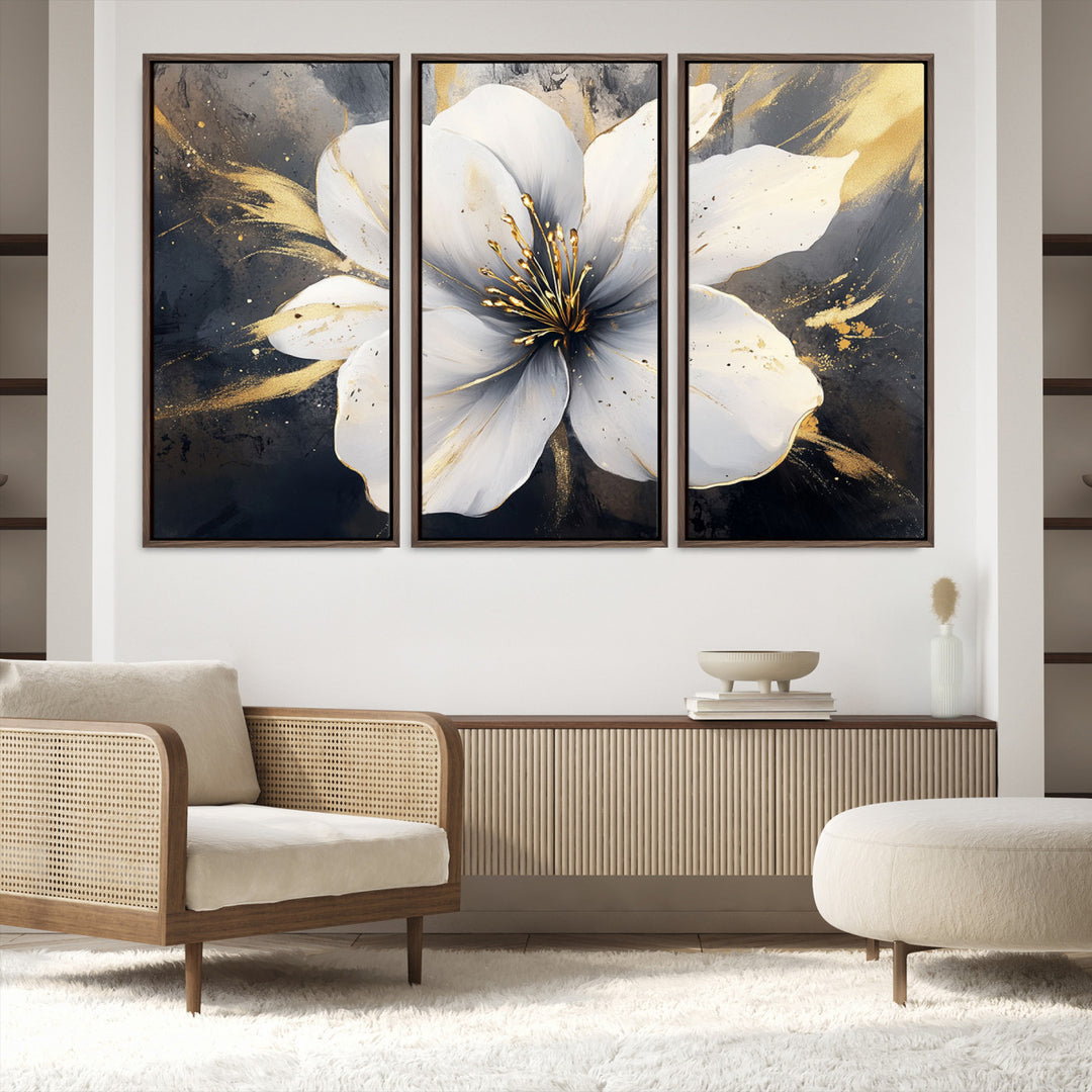 White Flower Wall Art | Canvas Print | Ready to Hang | Abstract Floral Wall Decor | Elegant Bloom Artwork | Framed for Living Room or Bedroom