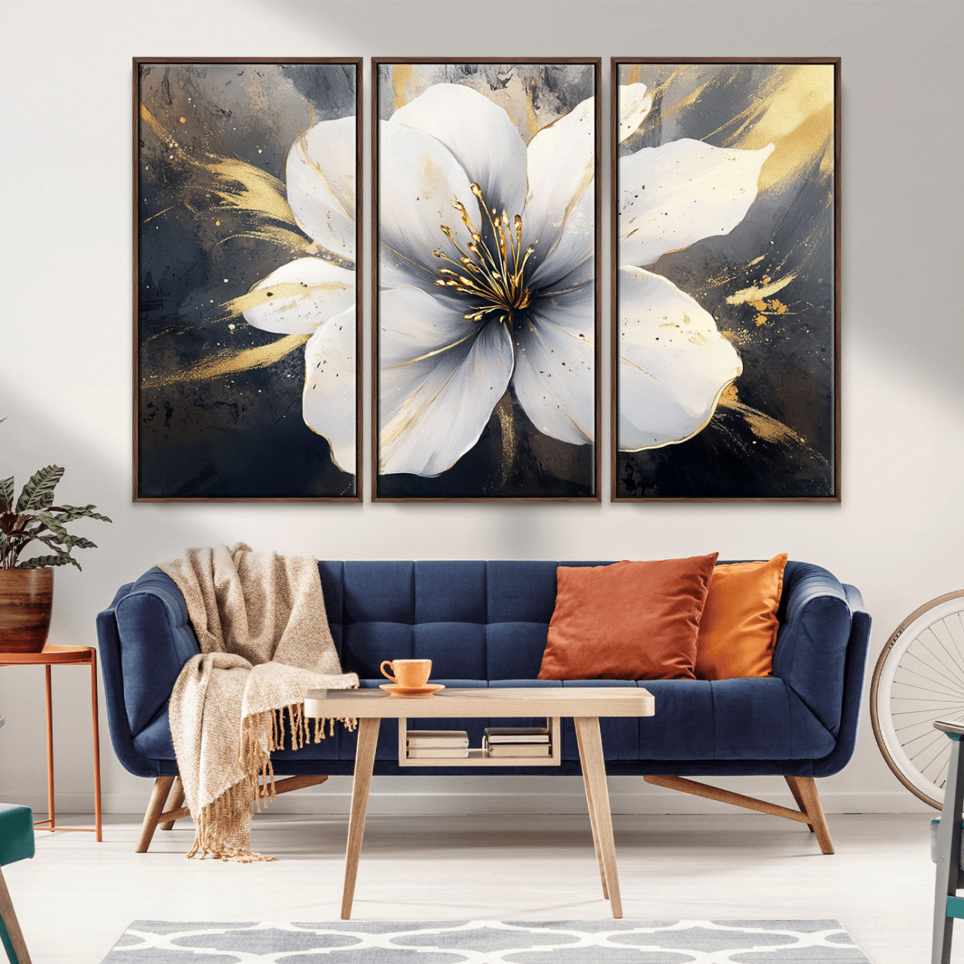 MGV-FC-48X32-3P - White Flower Wall Art Canvas Print | Ready to Hang | Abstract Floral Wall Decor | Elegant Bloom