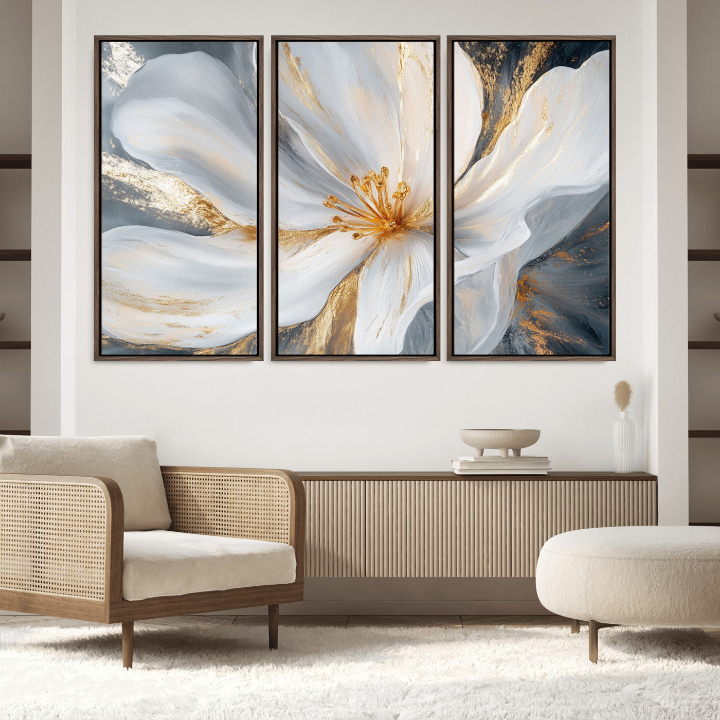 83149-MGV-FC-48X32-3P_Walnut-White and Gold Floral Canvas Wall Art - Framed and Ready to Hang - Perfect for Modern Living Rooms