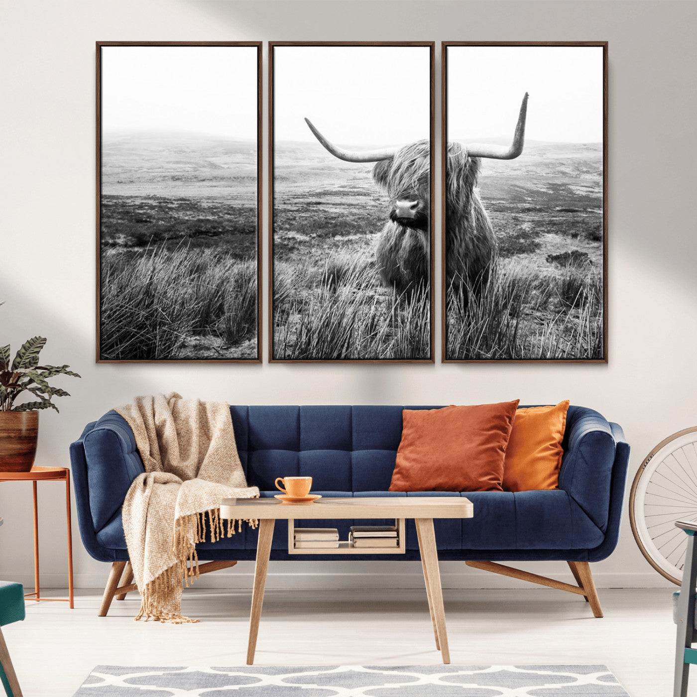 MGV-FC-48X32-3P - Scottish Highland Cow Wall Art | Black and White Canvas Print | Ready to Hang and Framed | Rustic