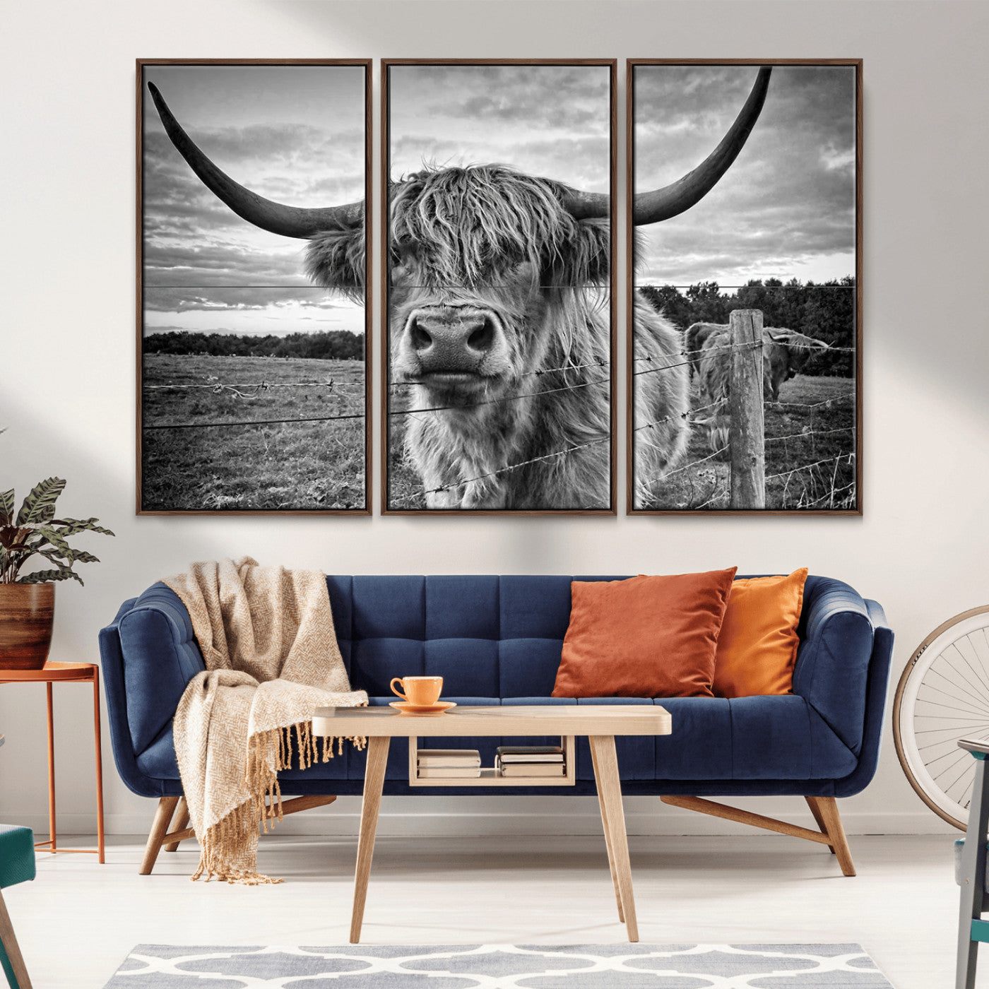 MGV-FC-48X32-3P - Scottish Highland Cow Wall Art Canvas Print | Ready to Hang and Framed | Rustic Farmhouse Decor