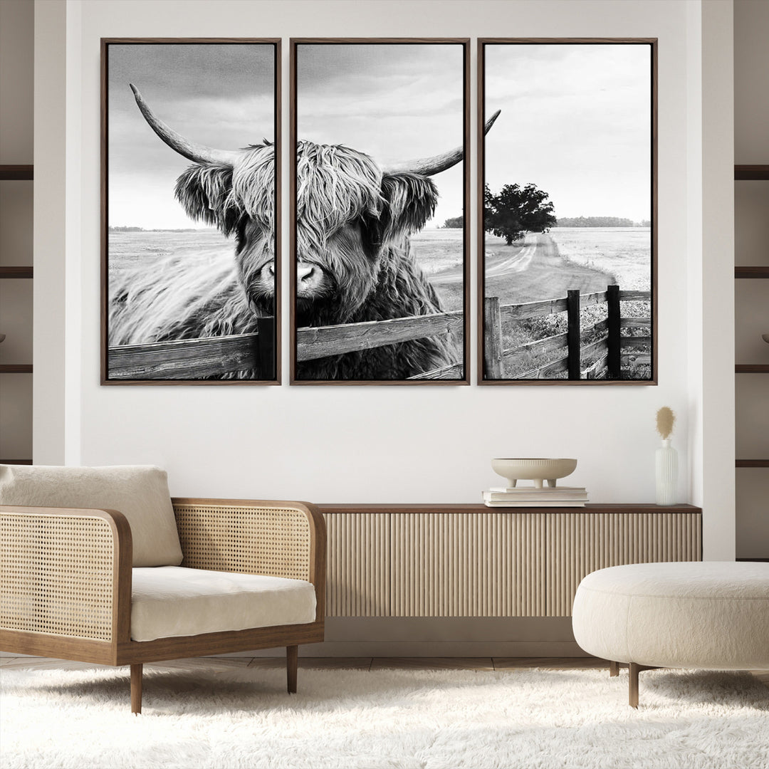 Scottish Highland Cow Wall Art | Rustic Farmhouse Décor | Black and White Ready to Hang Canvas Print