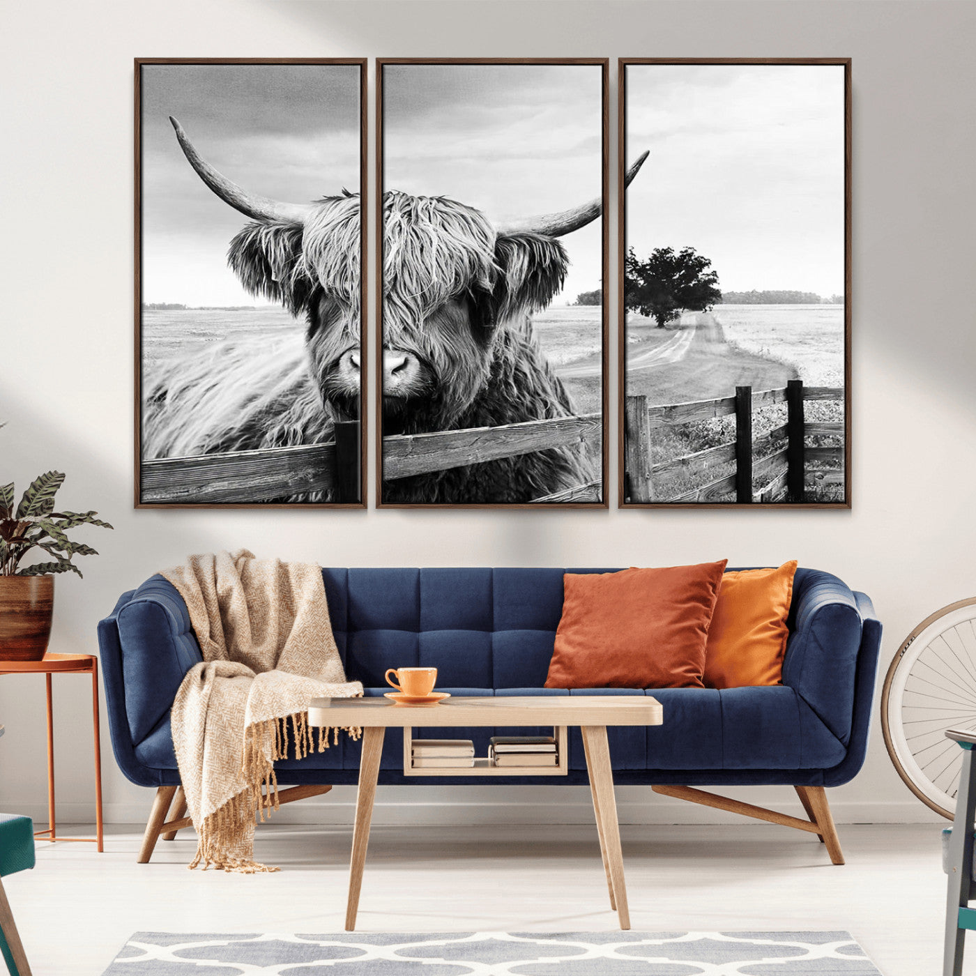 MGV-FC-48X32-3P - Scottish Highland Cow Wall Art | Rustic Farmhouse Décor | Black and White Ready to Hang Canvas Print