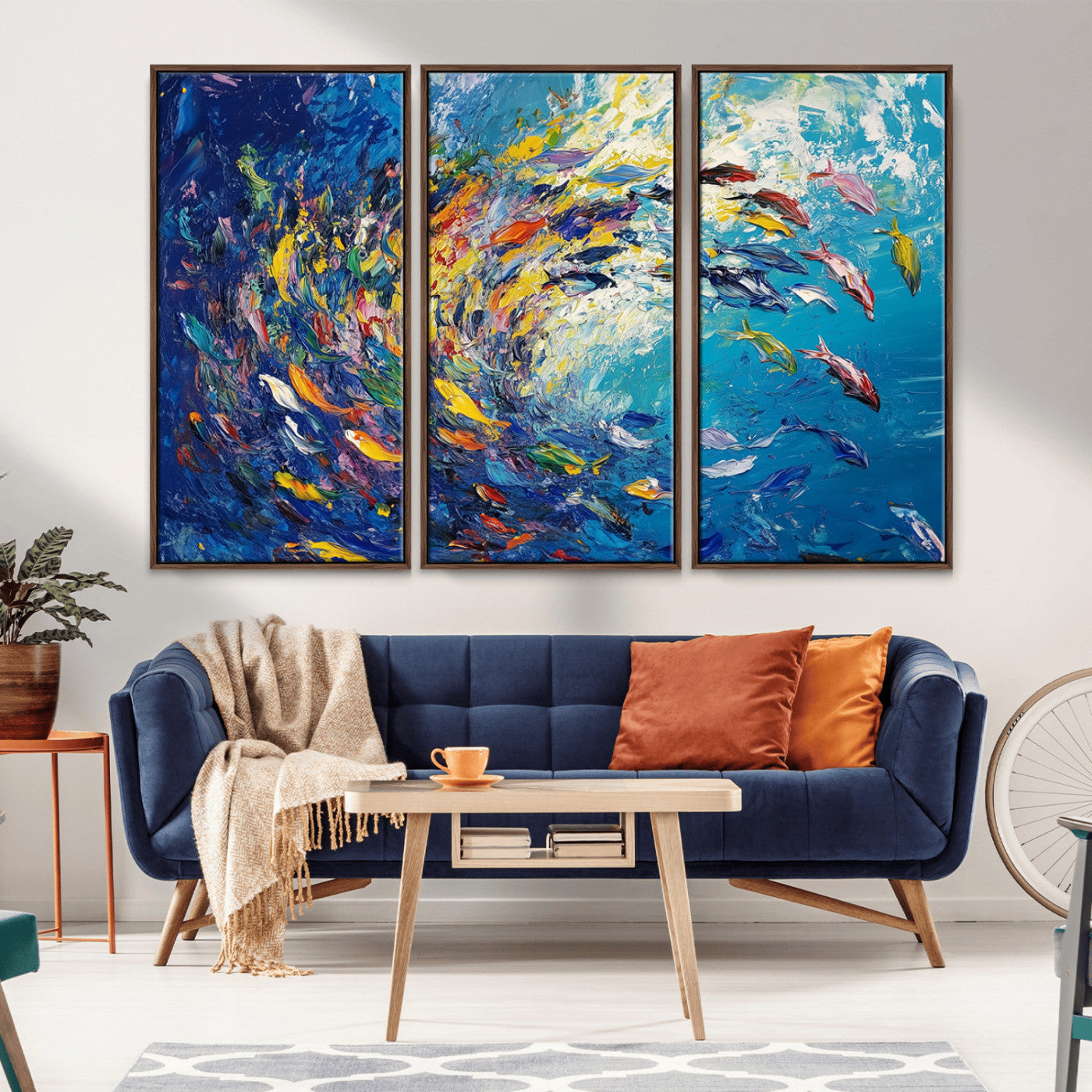 MGV-FC-48X32-3P - Colorful Swirling Fish School Wall Art Canvas Print | Oceanic Abstract Painting | Ready to Hang |