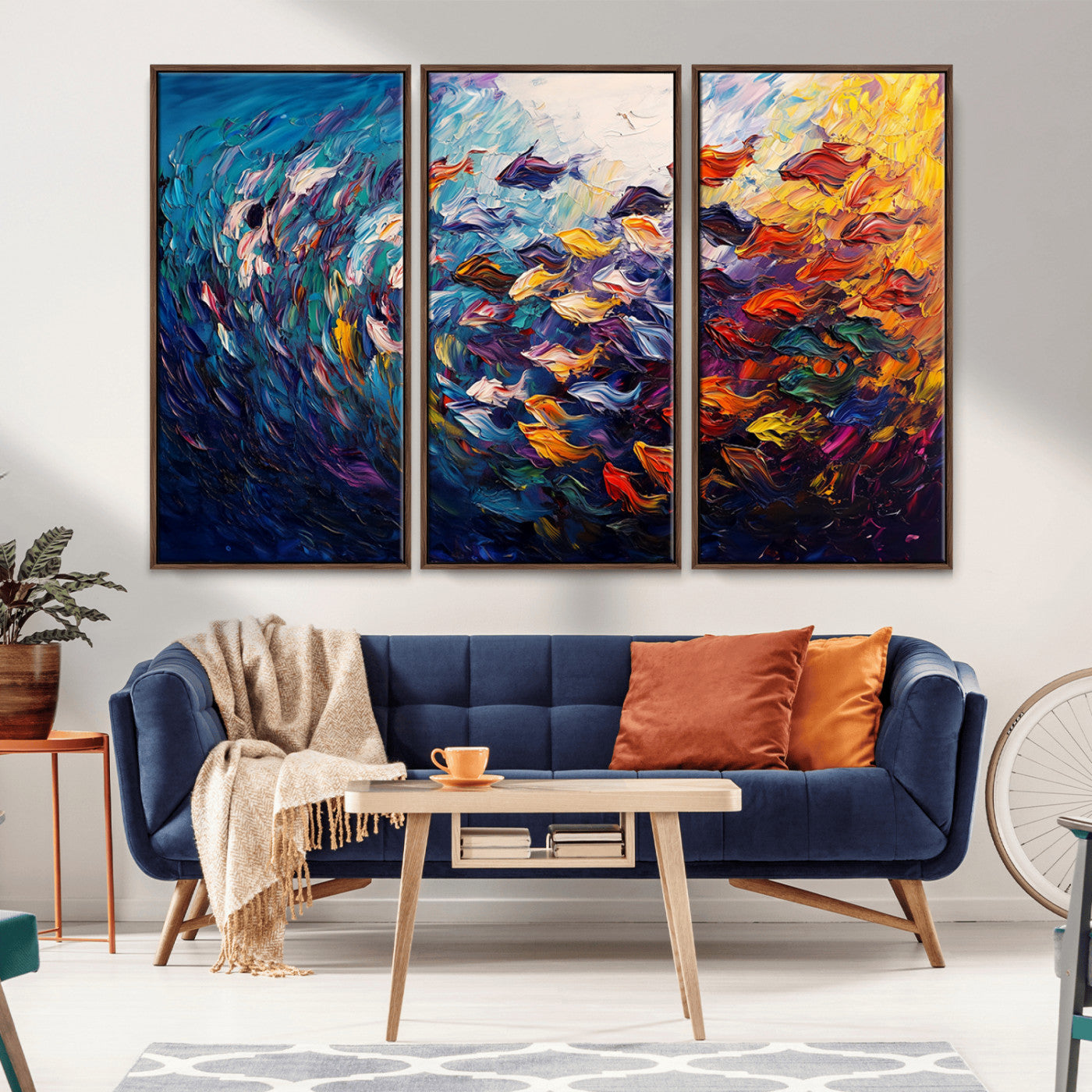 MGV-FC-48X32-3P - Vibrant Abstract Fish Swarm Art – Colorful Fish Inspired 3-Piece Canvas Wall Art for Living Room or