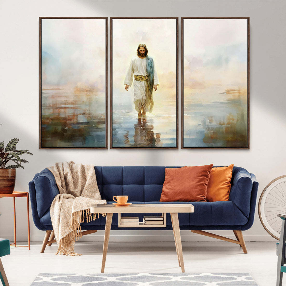 Framed Jesus Walking on Water Wall Art, 3 Panel Christian Canvas Prints