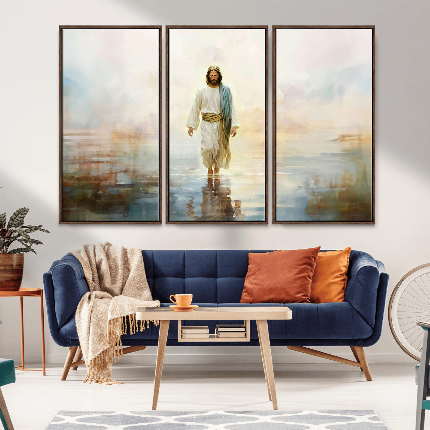 MGV-FC-48X32-3P - Framed Jesus Walking on Water Wall Art - 3-Panel Christian Canvas Prints, Religious Artwork for