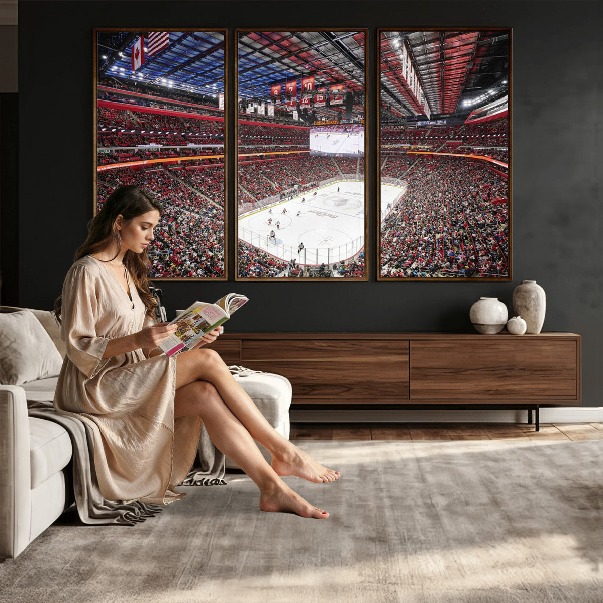 62263-MGV-CV-36X24 - Barton Malow Little Caesars Arena Detroit Wall Art Canvas Print - Detroit Hockey and Basketball
