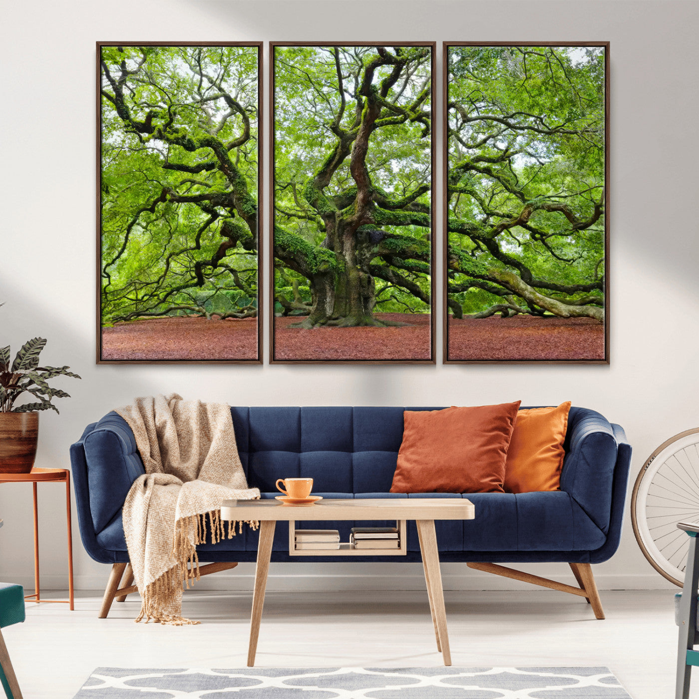 MGV-FC-48X32-3P - Framed Angel Oak Tree Wall Art - 3-Panel Canvas Prints, Large Green Nature Artwork, Ready to Hang