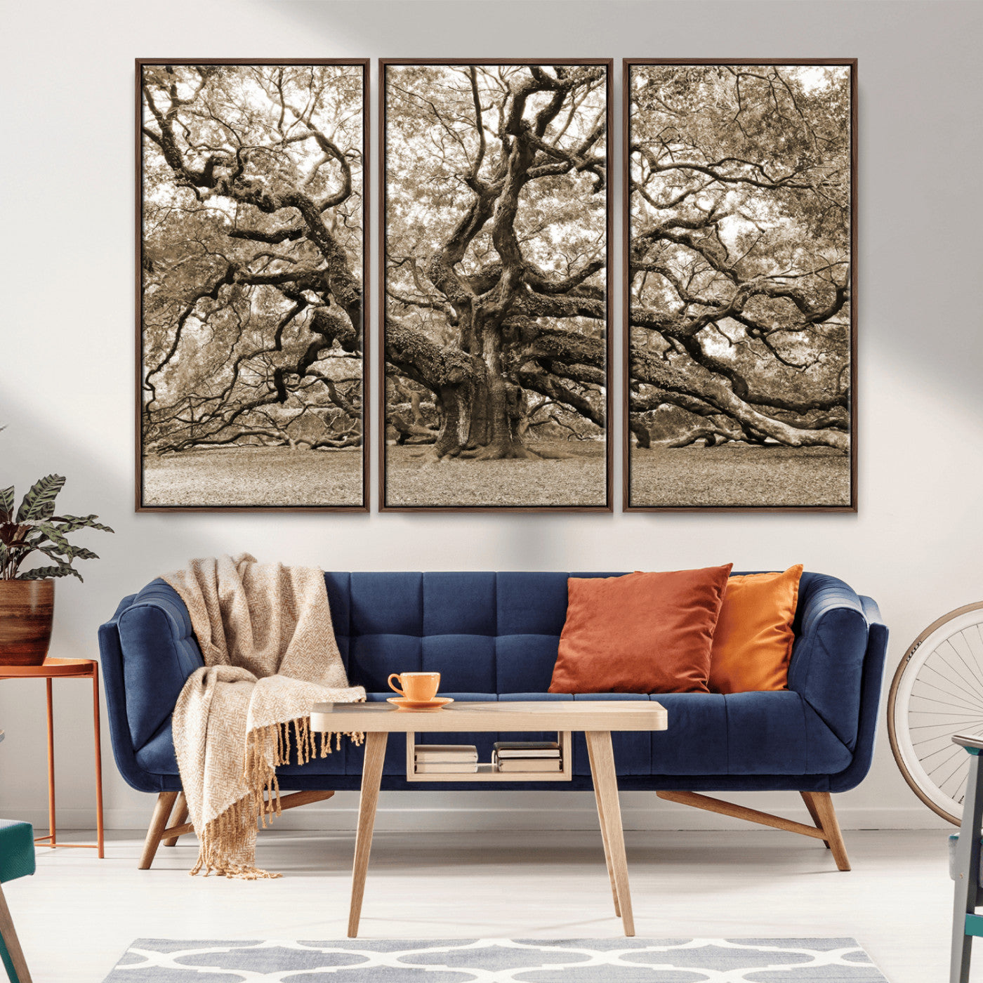 51126-MGV-CV-36X24-Sepia Framed Angel Oak Tree Wall Art - 3-Panel Canvas Prints, Large Green Nature Artwork, Ready to