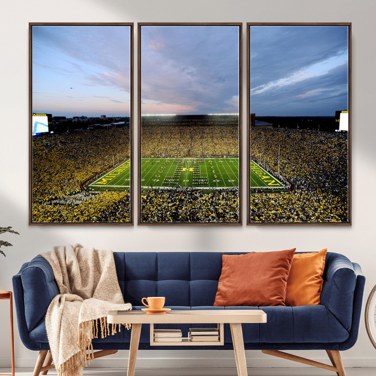 82641-MGV-FC-48X32-3P - Michigan Stadium Wall Art Canvas Print, Vibrant Game Day Crowd and Sunset Sky Football Field Artwork for Home, Office