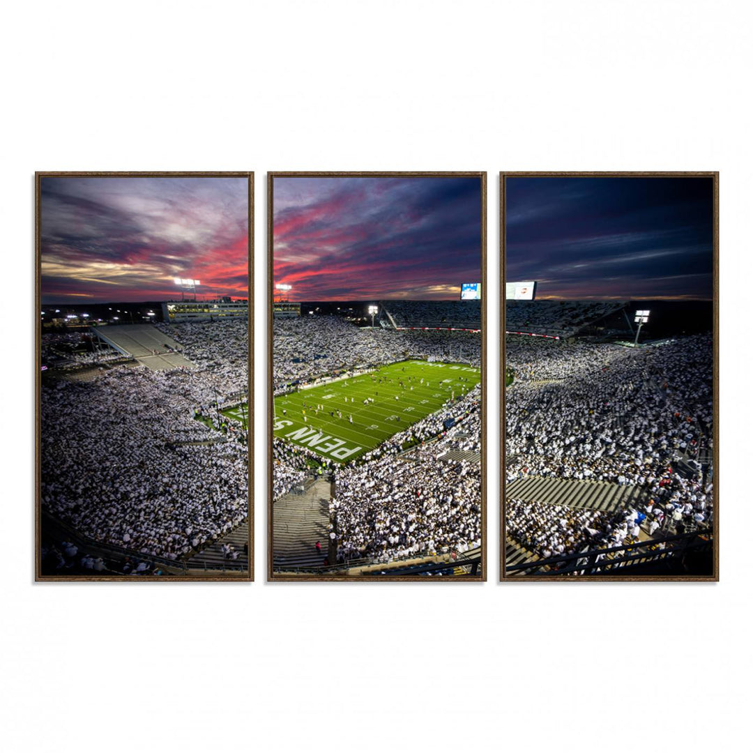 A sunset print on a canvas wall art piece captures the scene of white-clad fans at Beaver Stadium for the Nittany Lions game.