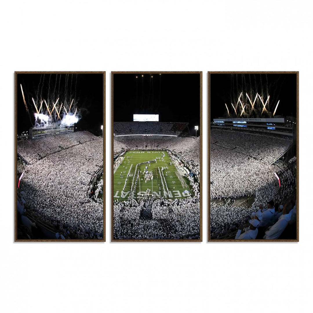 Wide-angle print of a packed stadium with fireworks, ideal gallery-quality wall art - Penn State Nittany Lions Canvas.