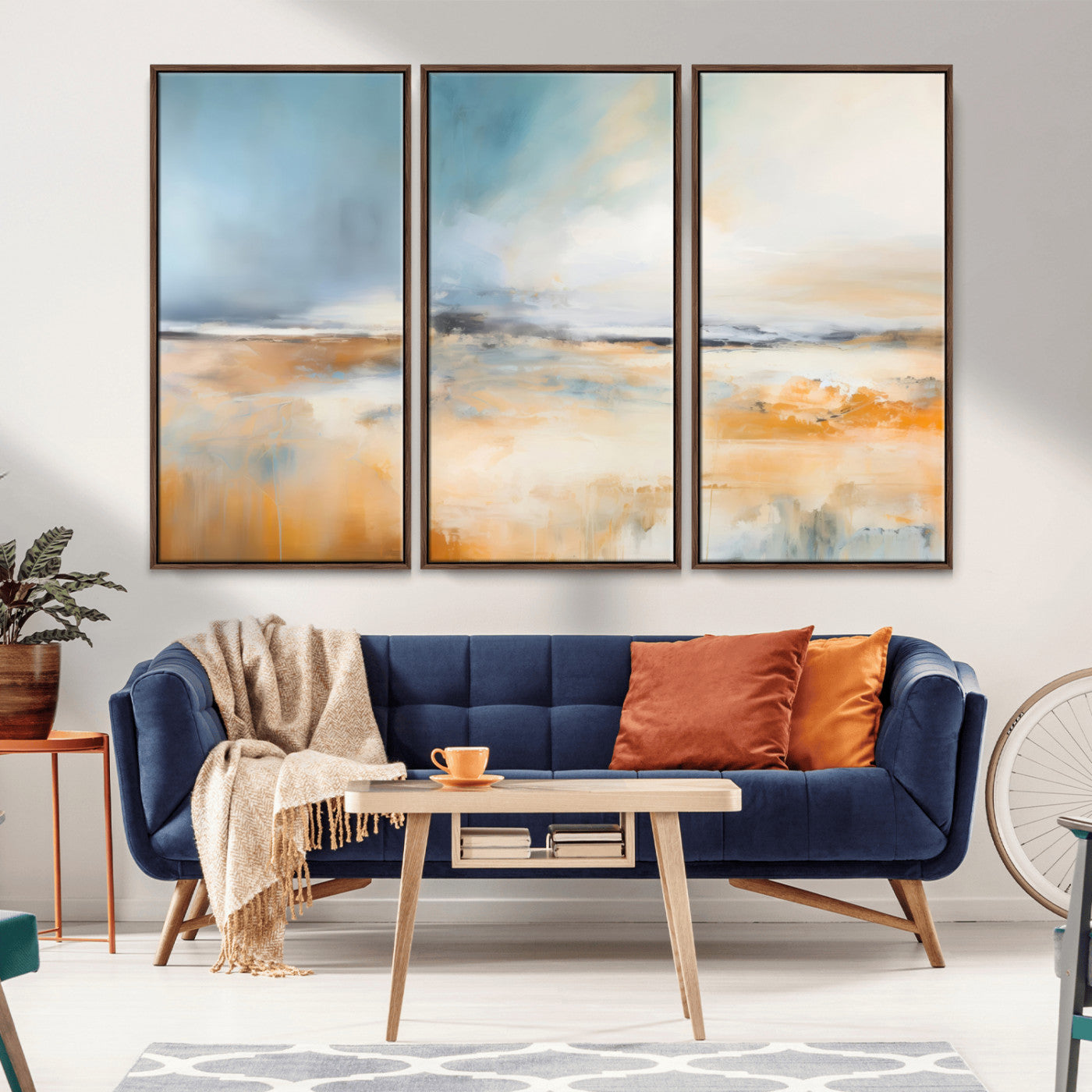-Abstract Landscape Wall Art Canvas Print - Warm Tones of Orange and Blue, Modern Framed Art for Home