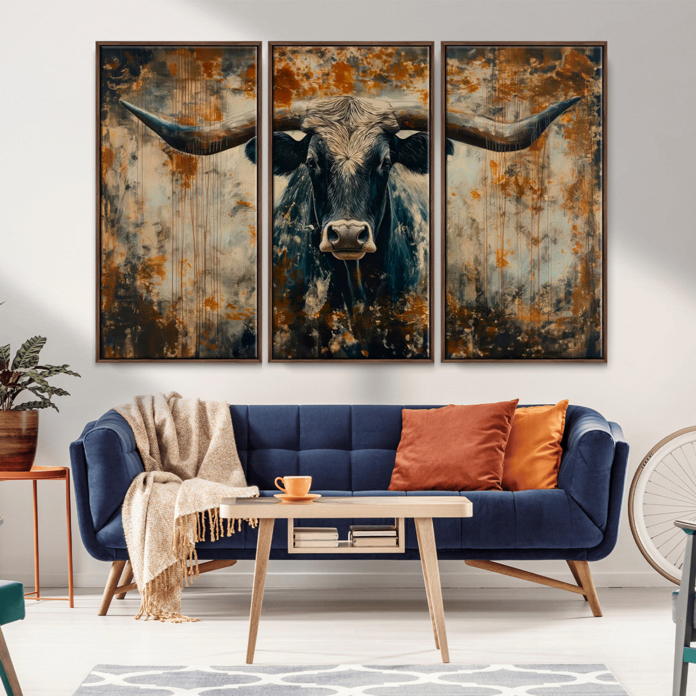 MGV-FC-48X32-3P - Abstract Longhorn Bull Wall Art | Rustic Western Wall Decor | Framed and Ready to Hang | Ideal for