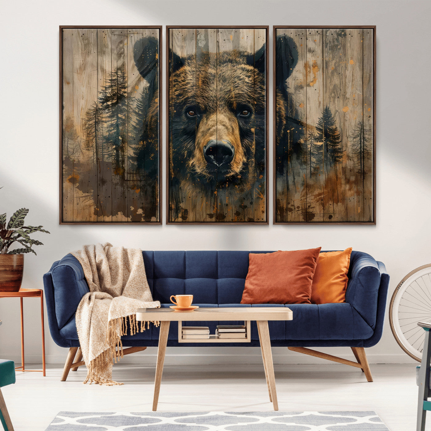 MGV-FC-48X32-3P - Abstract 399 Bear Wall Art | Rustic Cabin Wall Decor with Forest Design | Framed and Ready to Hang |