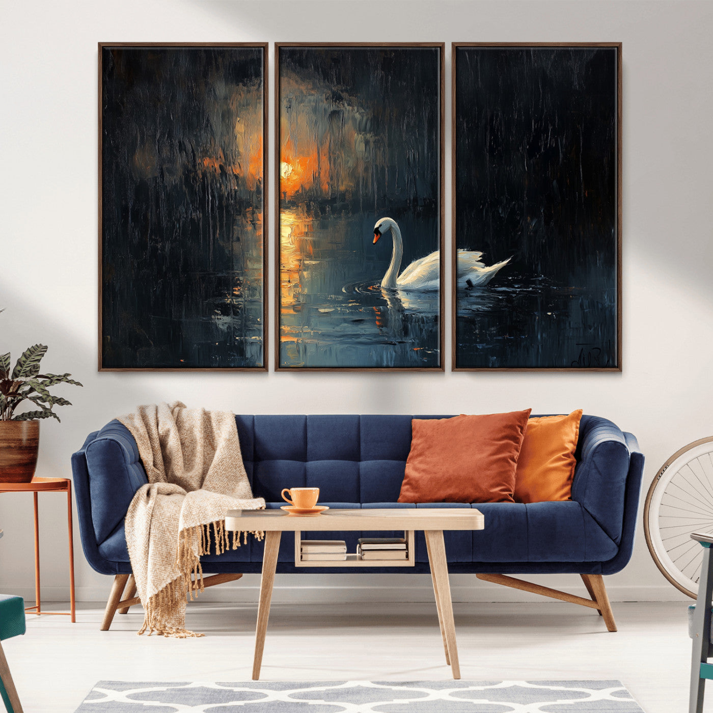 MGV-FC-48X32-3P - Abstract Swan on Water Wall Art Canvas Print - Elegant Nature Scene for Modern Home Decor