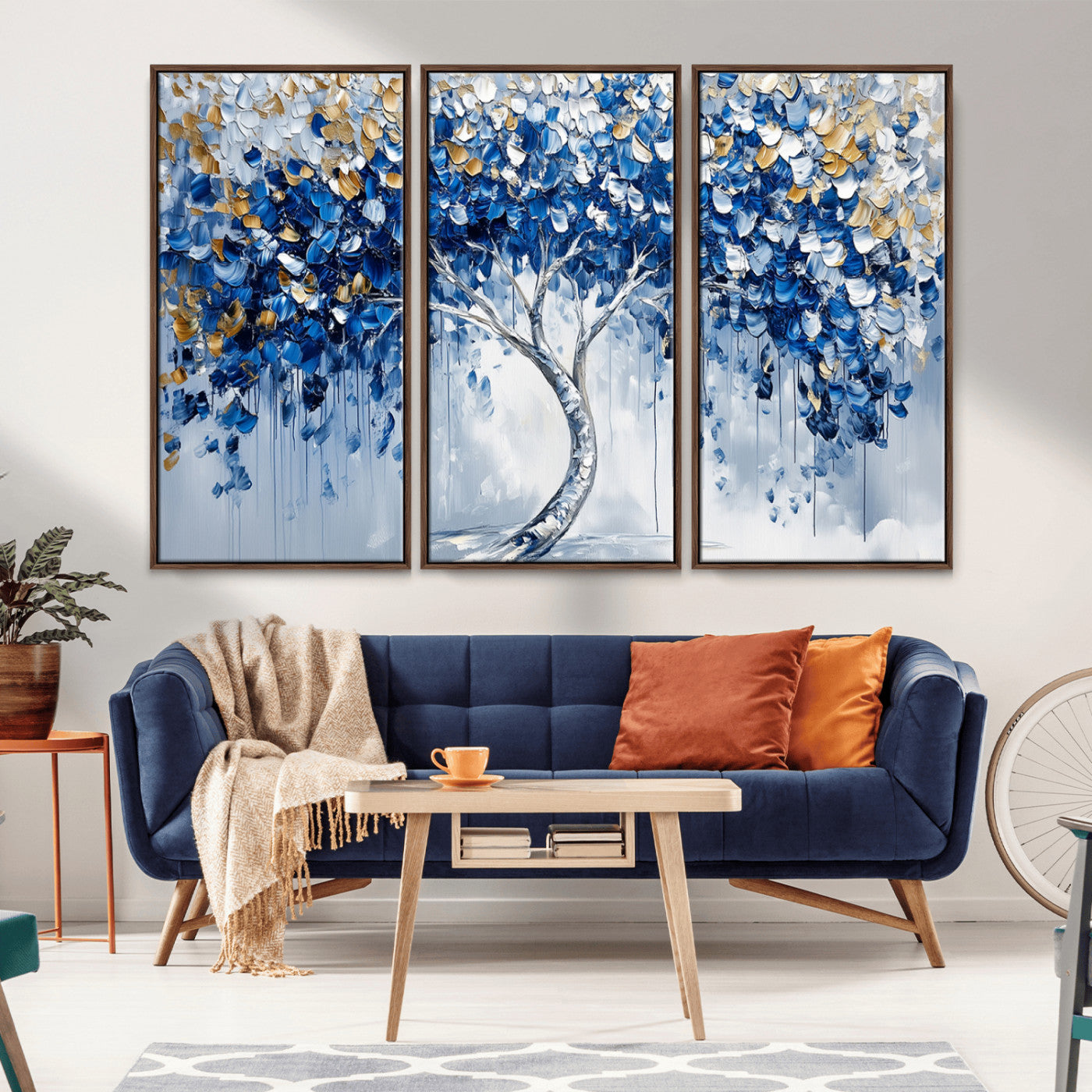 MGV-FC-48X32-3P - Blue and Gold Abstract Tree Wall Art Canvas Print | Modern Tree of Life Painting | Framed Canvas